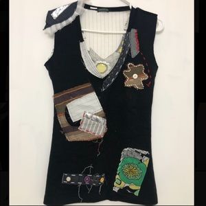 Tricotto patchwork embellished V neck tank top